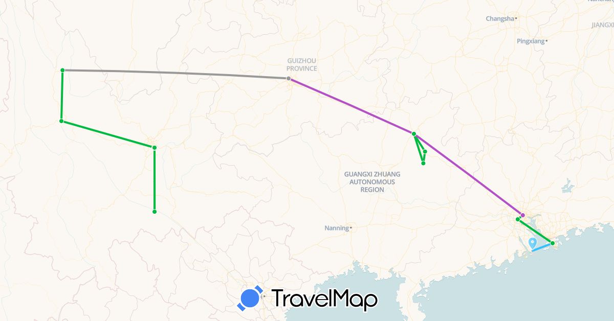 TravelMap itinerary: driving, bus, plane, train, boat in China, Hong Kong, Macau (Asia)